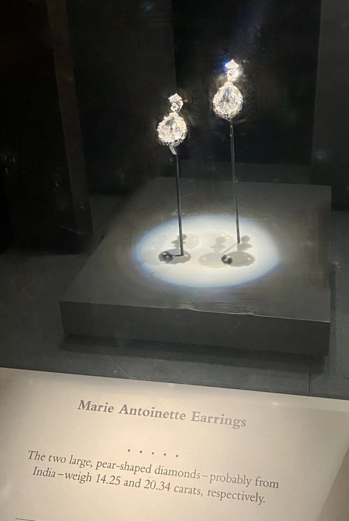 Marie Antoinette's earrings. Two large, pear-shaped diamonds, probably from India. Weigh 14.25 carats and 20.34 carats