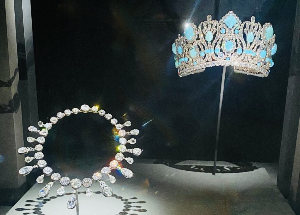Diamond and turquoise tiara and diamond necklace