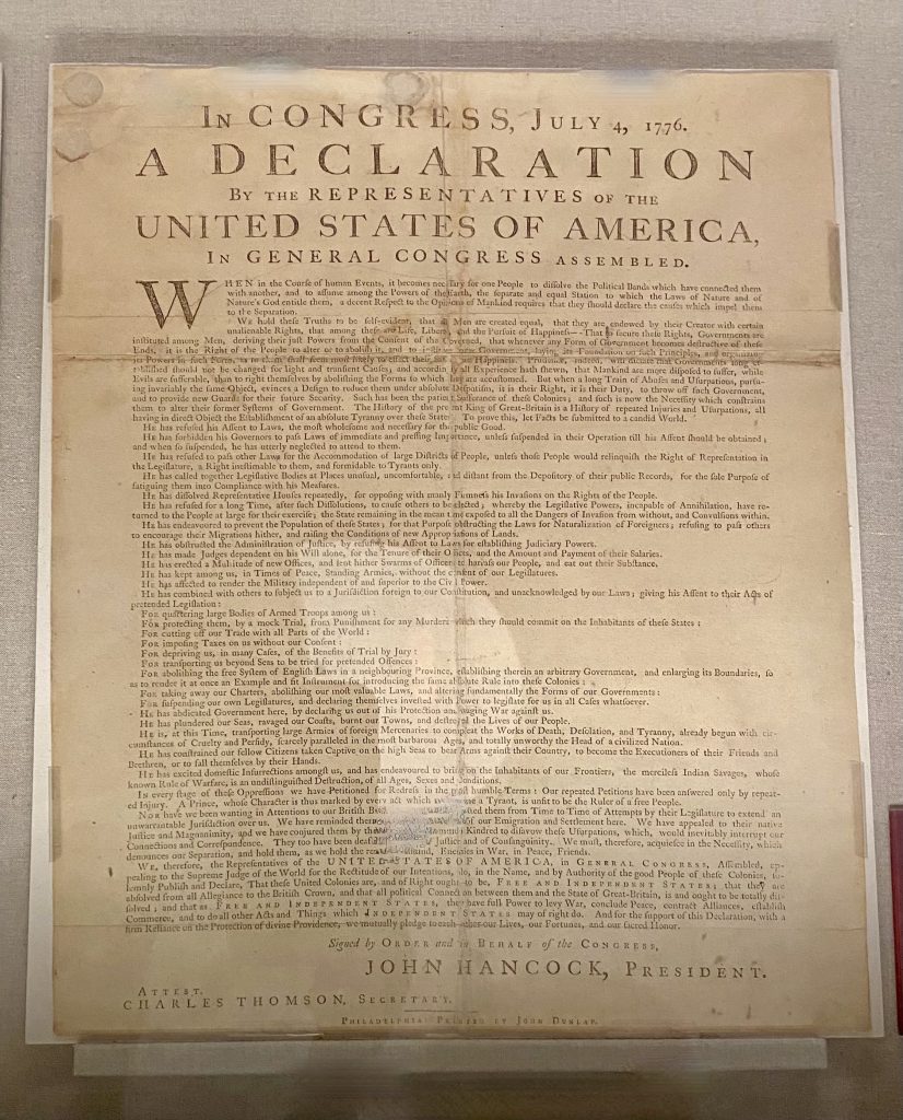 Declaration of Independence in glass display case at National Archives in Washington DC