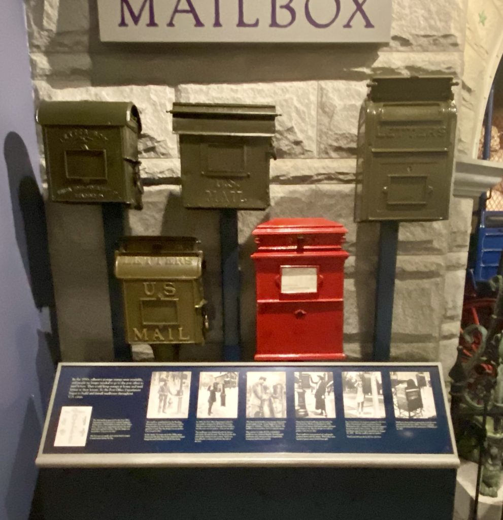 Five metal mailboxes at the Postal Museum in Washington DC
