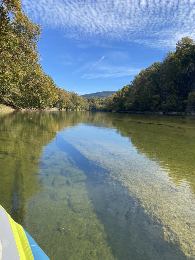 view from kayak on the Shenandoah River surrounded by trees on both sides and a mountain in the distance