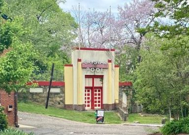 Yellow and Red Crystal Pool building at Glen Echo National Park
