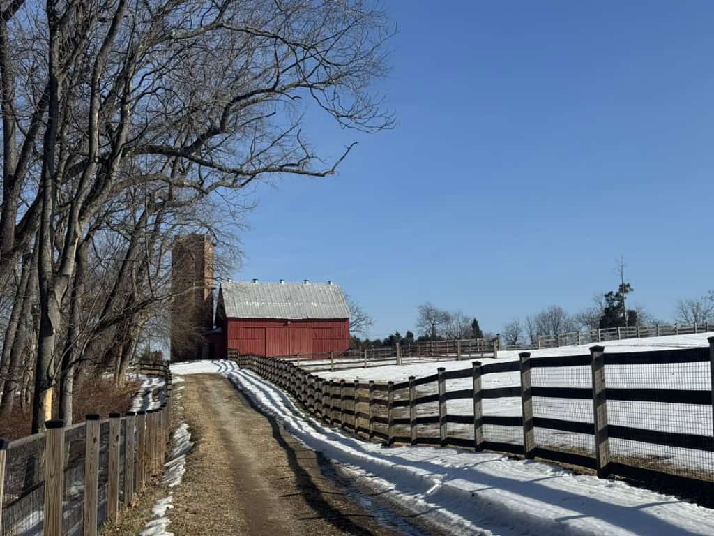 Dirt lane with fences on both sides leading to large red barn with silo