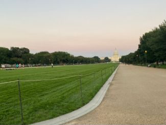 Looking down the National Mall at the Capitol Building with people playing on green grass